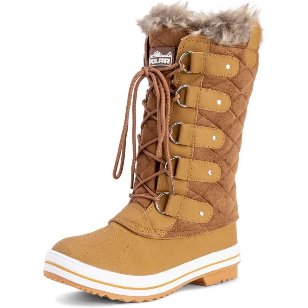 〽️Women's Tan Polar Tall Nylon Waterproof Fur Lined Winter Warm Rain Boots